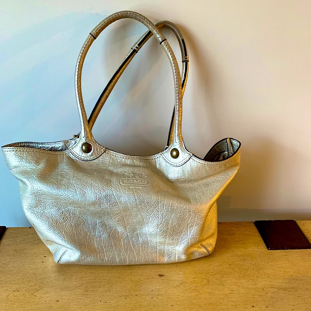 Coach Bleeker Champagne metallic leather tote